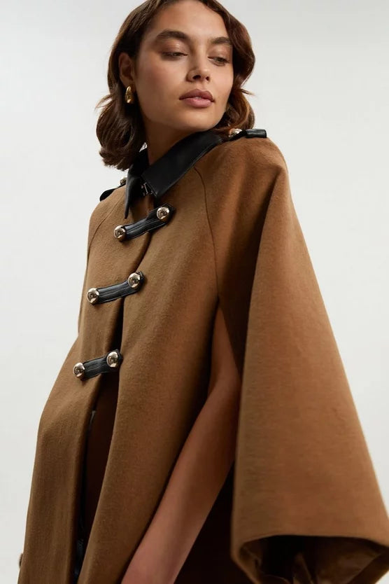 Brushed Wool PU Mix Tailored Cape Short Coat