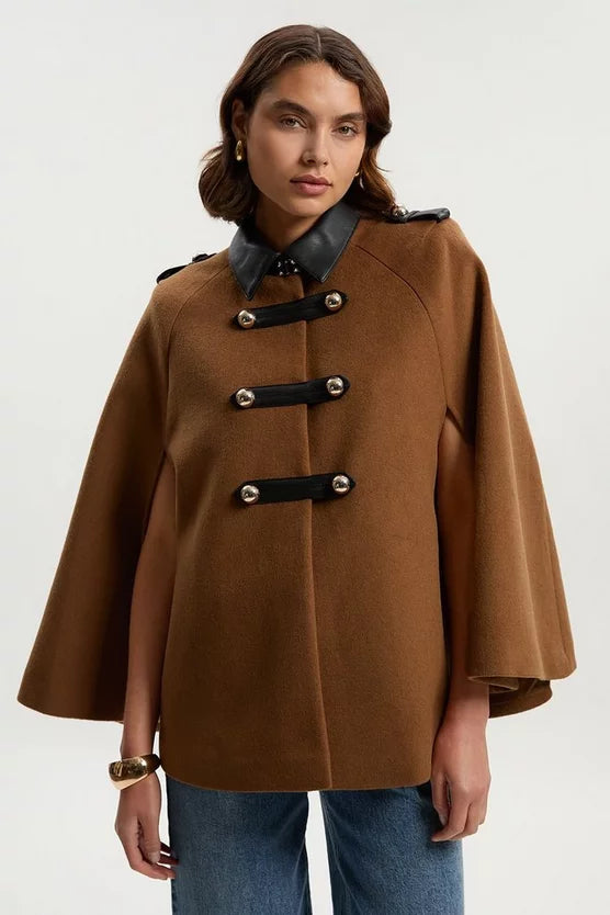 Brushed Wool PU Mix Tailored Cape Short Coat