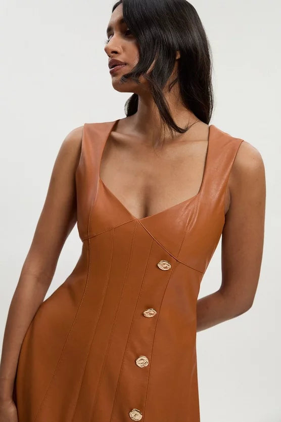 Faux Leather Button Detail Sleeveless Midi Dress