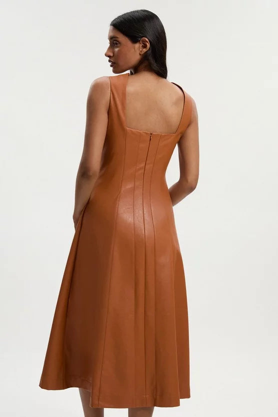 Faux Leather Button Detail Sleeveless Midi Dress