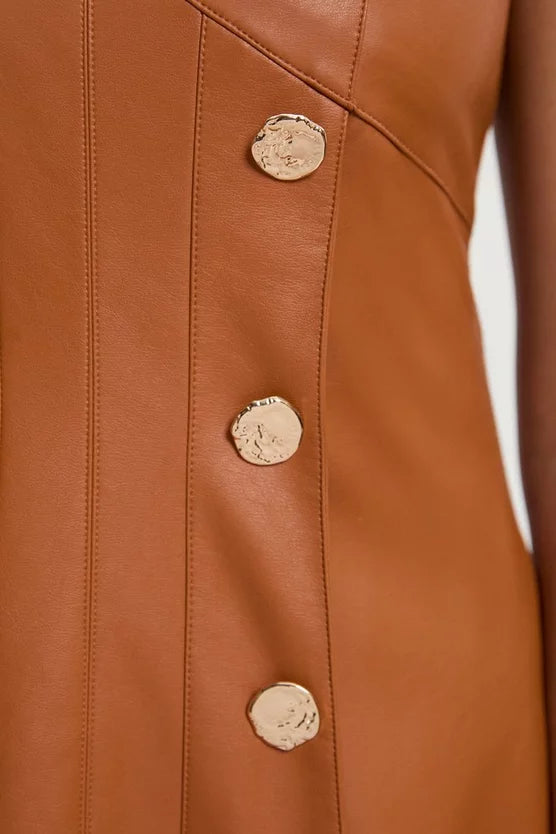 Faux Leather Button Detail Sleeveless Midi Dress