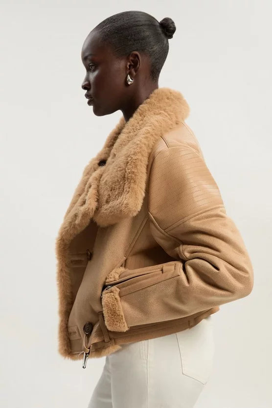 Faux Shearling Crop Biker Jacket