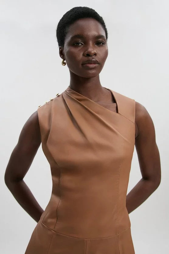 Leather Asymmetric Neck Full Skirt Midi Dress