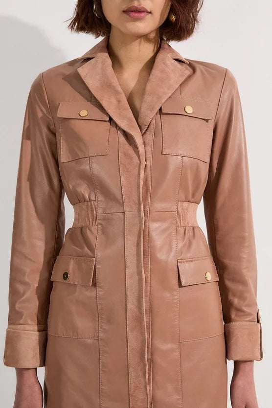 Suede & Leather Button Through Mini Dress