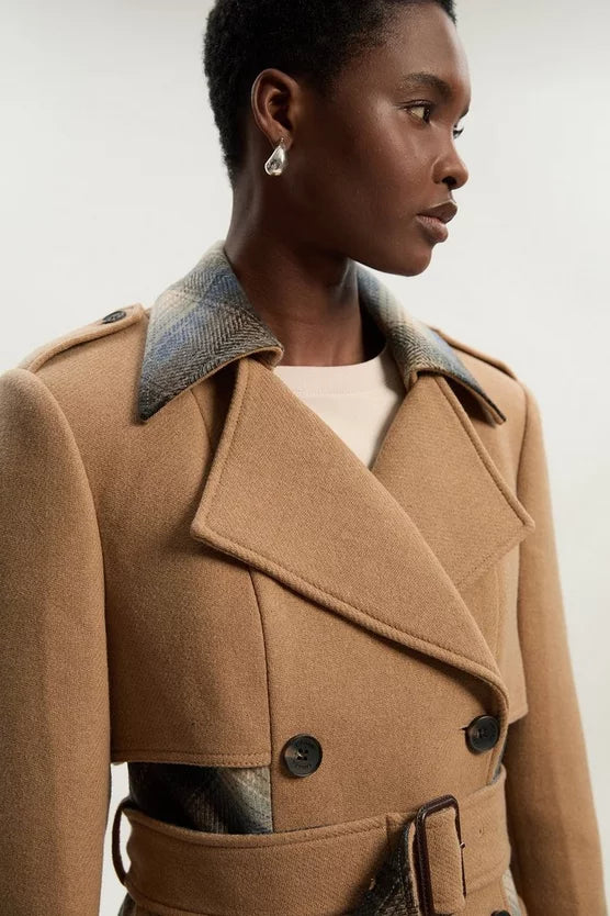 Wool Check Tailored Belted Trench Midi Coat