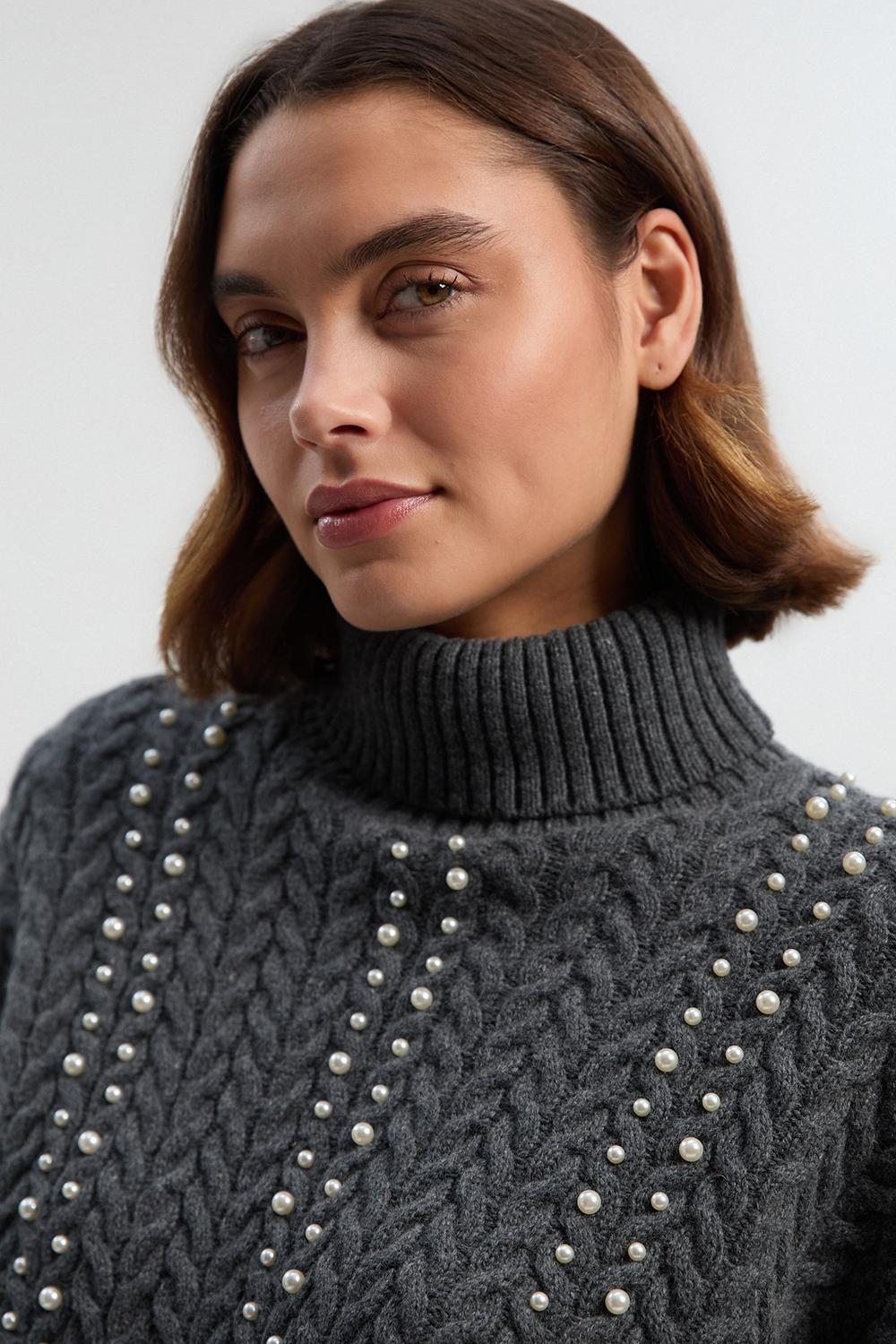 Pearl Embellished Cable Knit Jumper