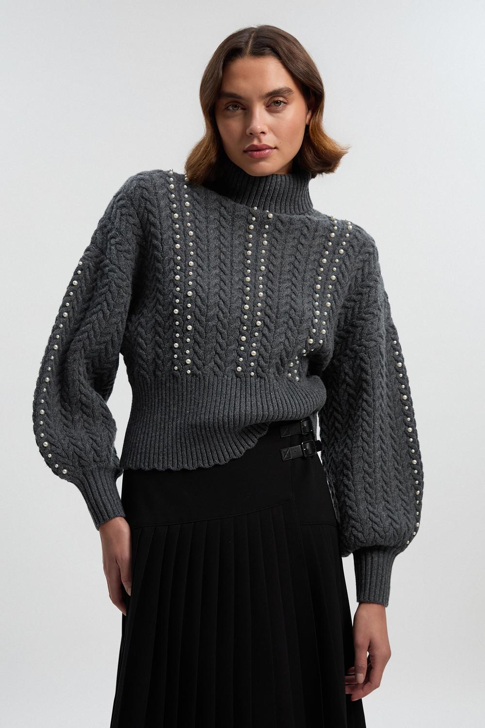 Pearl Embellished Cable Knit Jumper