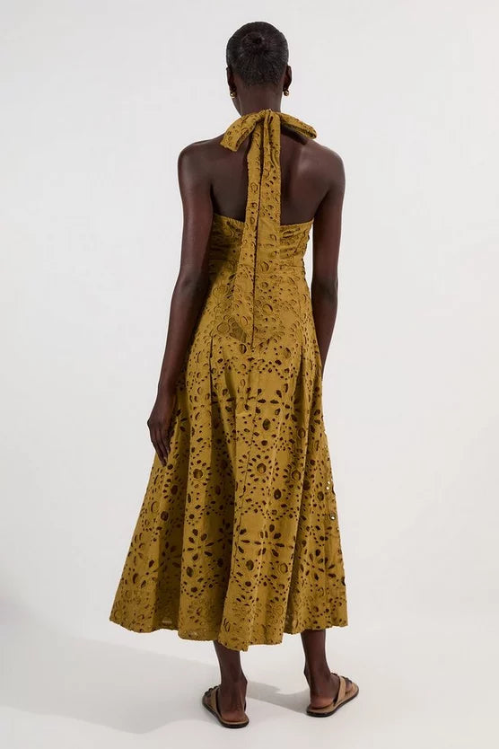 Cotton Broderie Halterneck Woven Maxi Dress