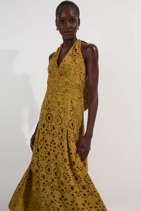 Cotton Broderie Halterneck Woven Maxi Dress