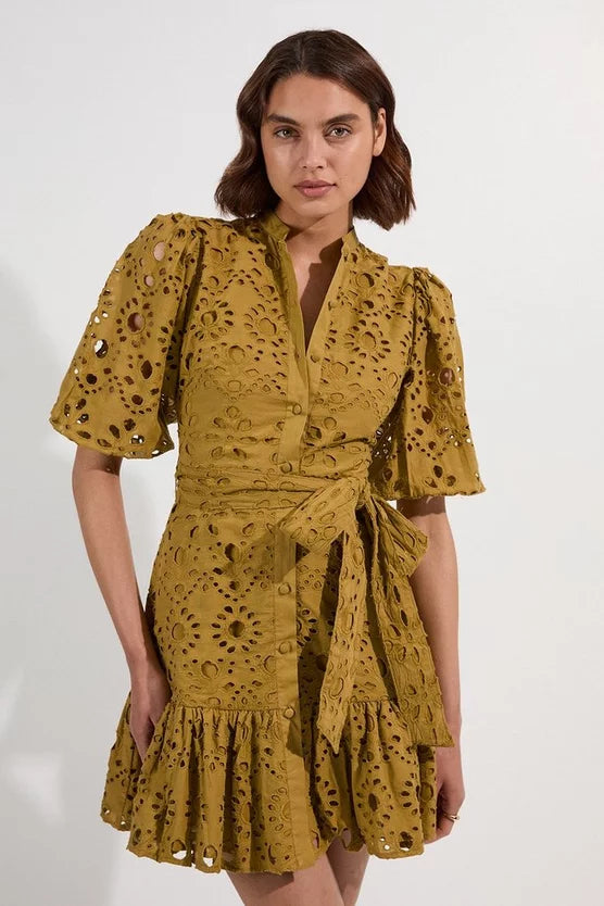 Cotton Broderie Woven Tie Waist Mini Dress