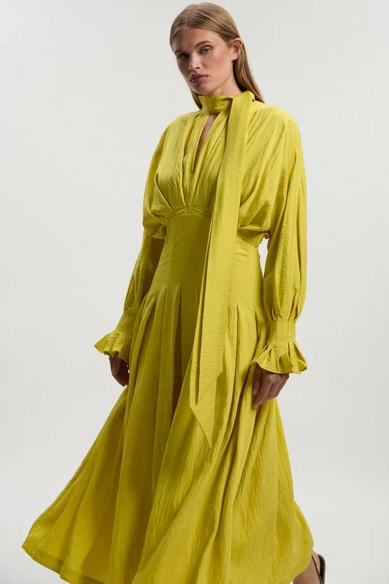 Pleated Neck Tie Detail Woven Maxi Dress