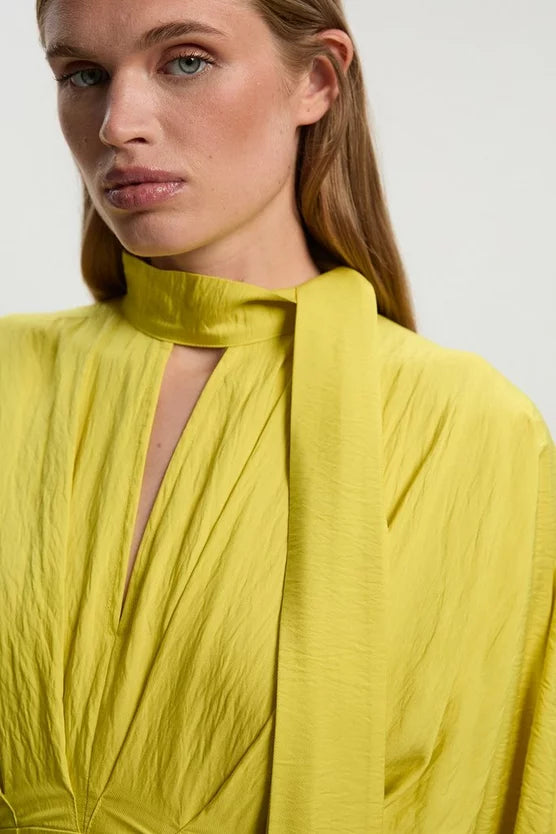 Pleated Neck Tie Detail Woven Maxi Dress