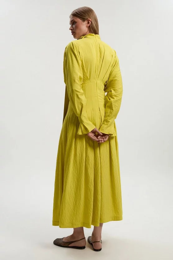 Pleated Neck Tie Detail Woven Maxi Dress