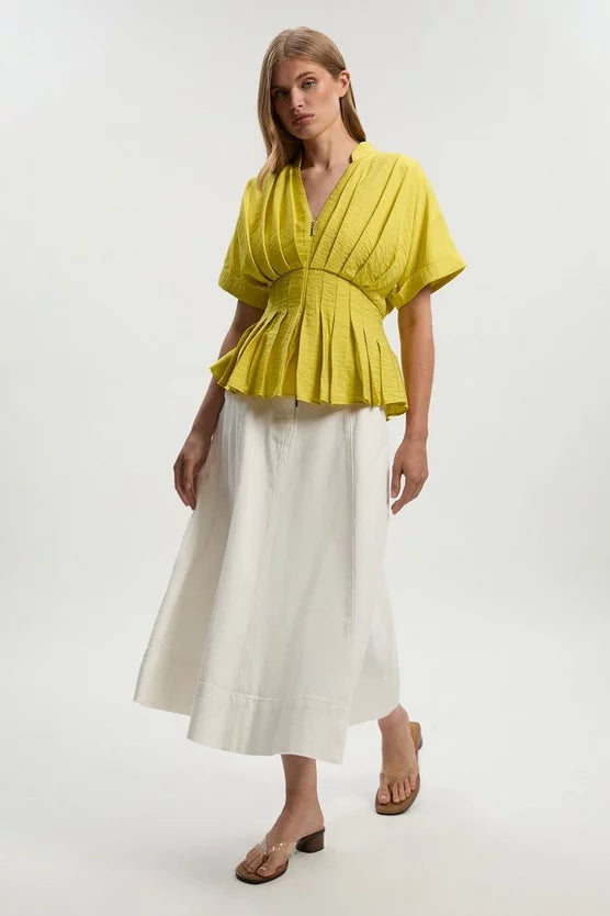 Pleated Neck Tie Detail Woven Short Sleeve Shirt