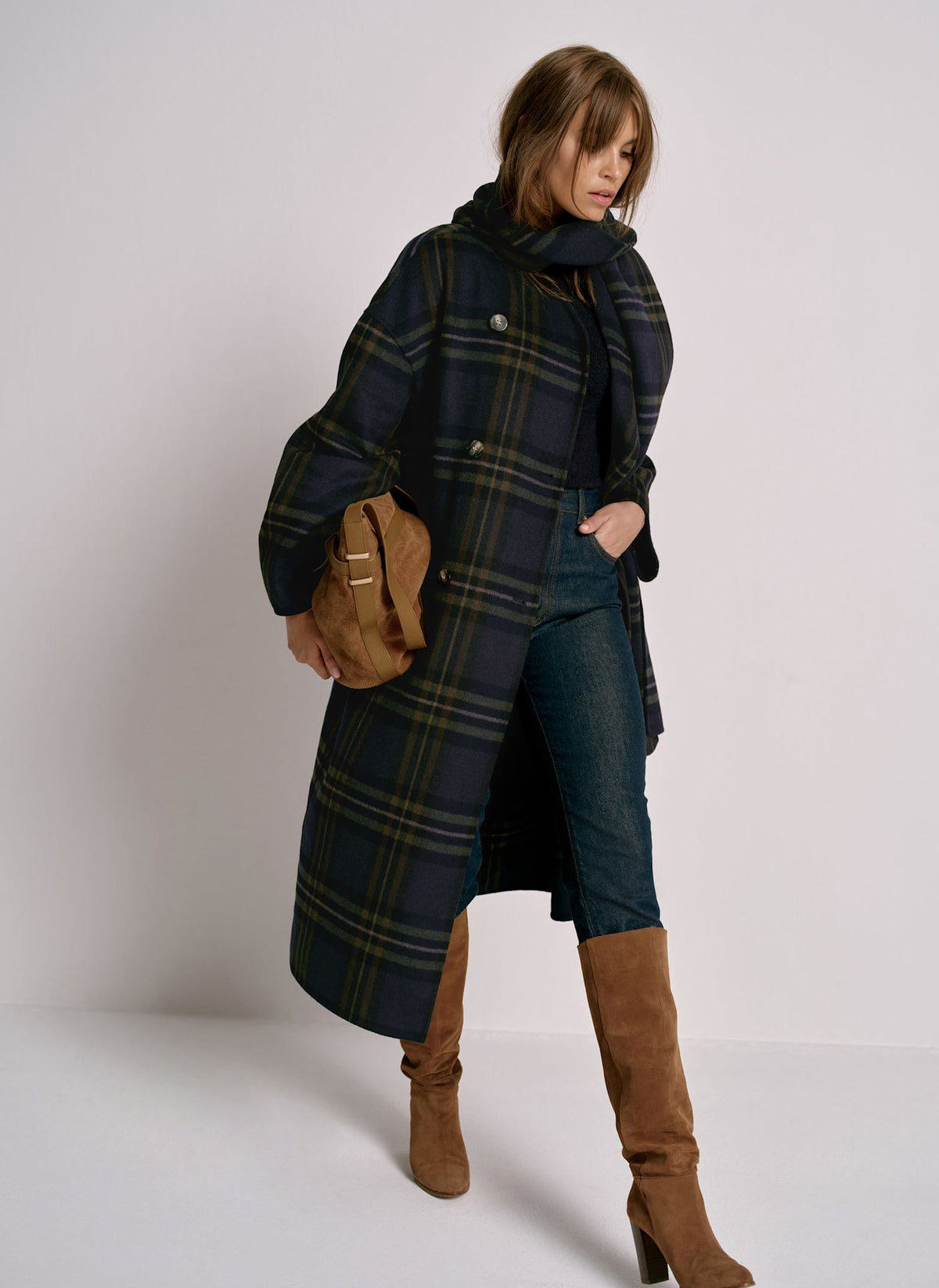 Navy Check Hand Finished Scarf Detail Coat