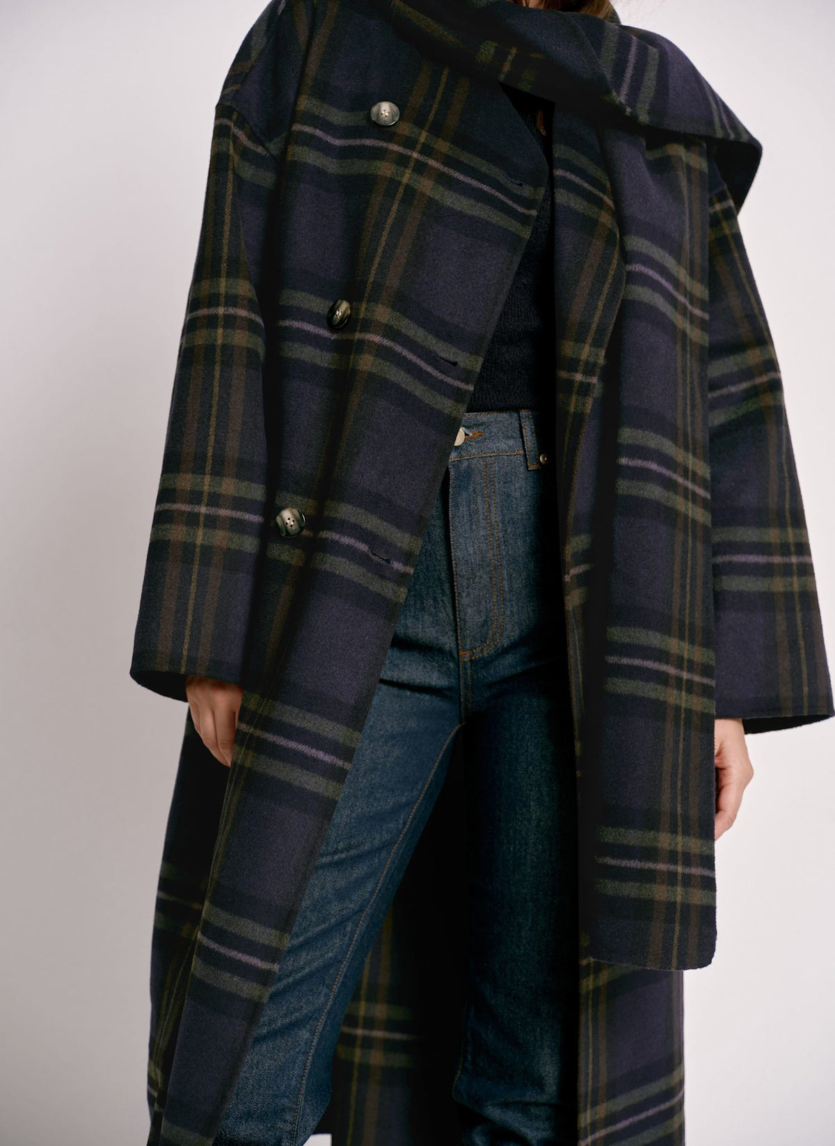Navy Check Hand Finished Scarf Detail Coat