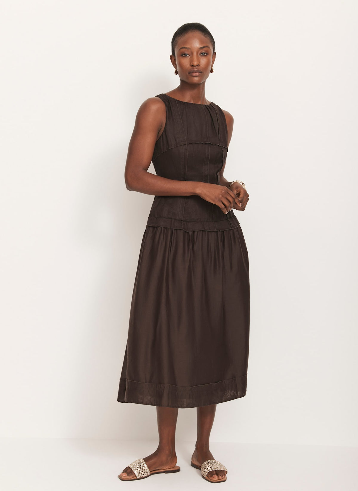 Brown Drop Waist Midi Dress