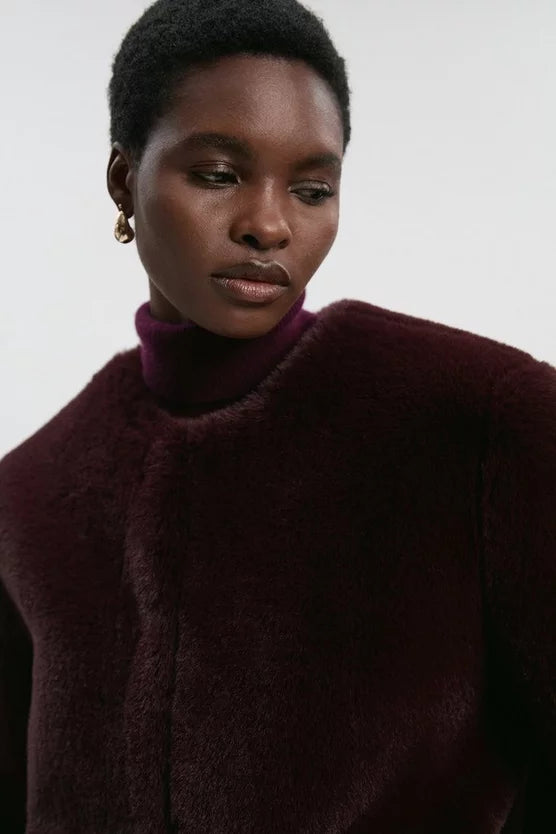 Collarless Faux Fur Jacket
