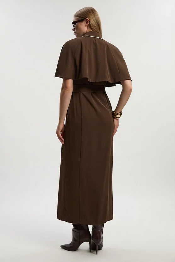Contrast Tipping Tie Waist Short Sleeve Woven Trench Midi Dress