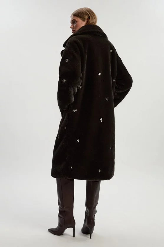 Crystal Embellished Faux Fur Long Coat