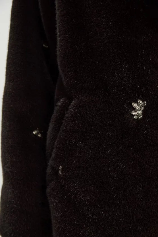 Crystal Embellished Faux Fur Long Coat