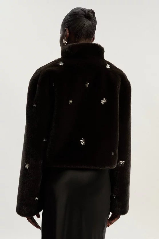 Crystal Embellished Faux Fur Short Coat