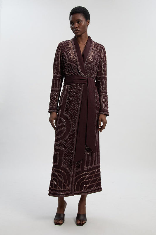 Crystal Embellished Woven Maxi Blazer Dress
