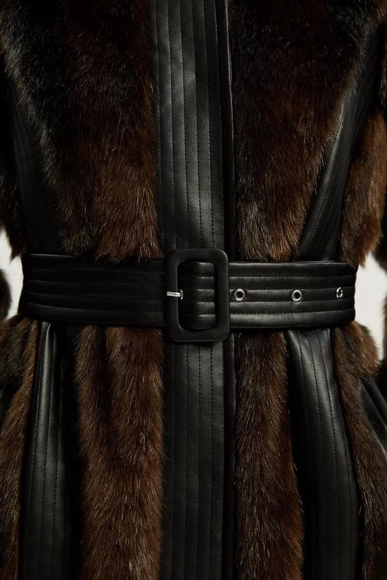 Faux Fur PU Panelled Belted Midi Coat
