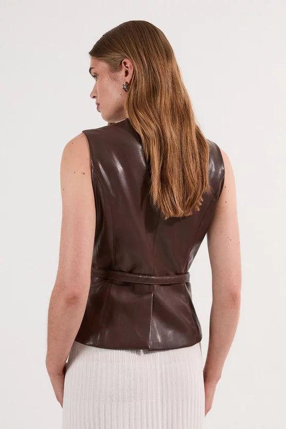 Faux Leather Belted Waistcoat