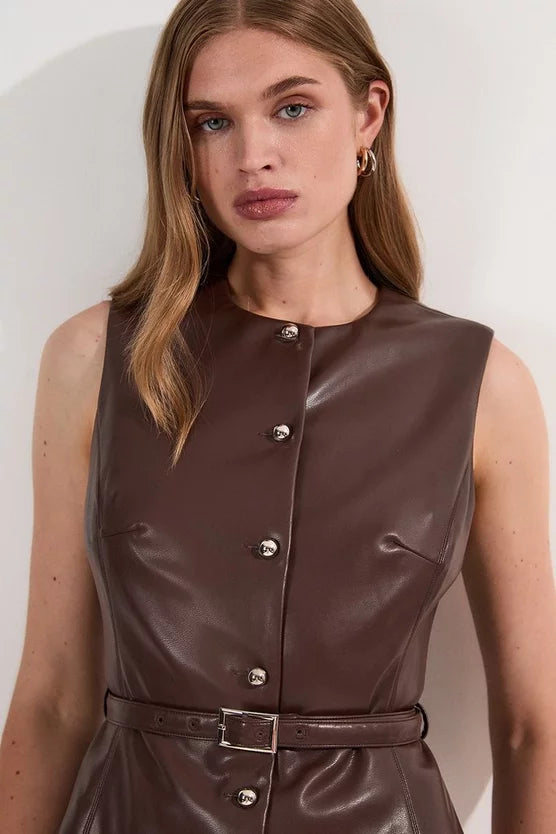 Faux Leather Belted Waistcoat