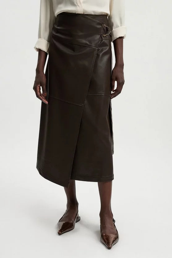Faux Leather Tie Detail Wrap Midi Skirt