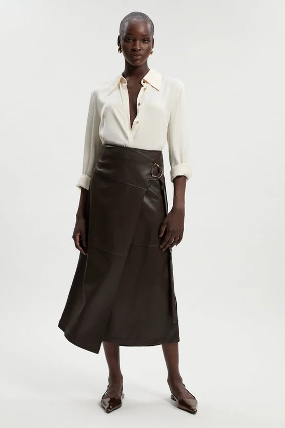 Faux Leather Tie Detail Wrap Midi Skirt