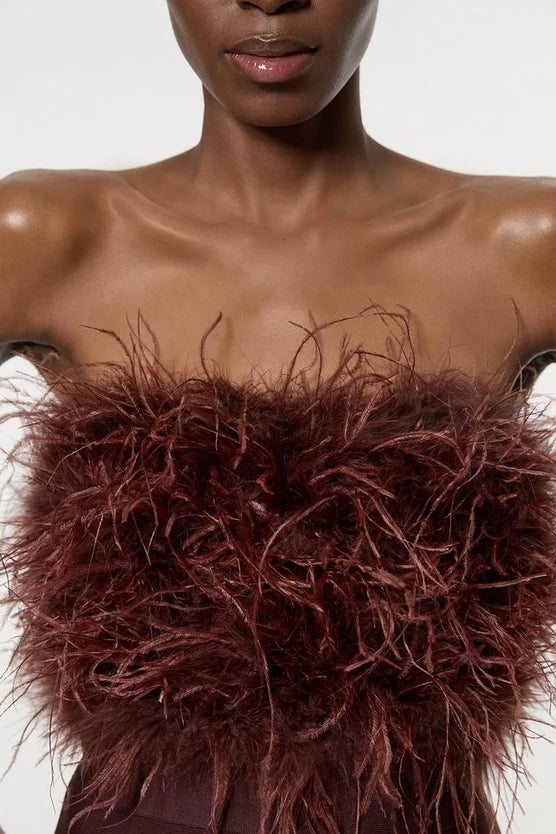 Figure Form Bandage Feather Detail Bandeau Knit Midi Dress