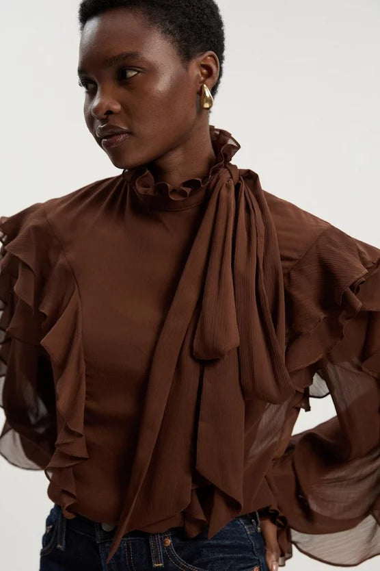 Georgette Ruffle Woven Pussy Bow Blouse