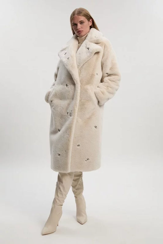 Crystal Embellished Faux Fur Long Coat