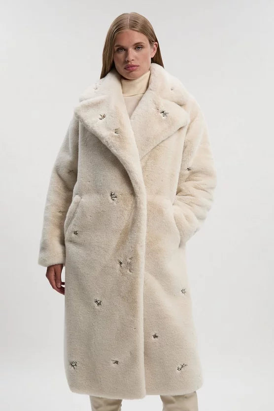 Crystal Embellished Faux Fur Long Coat