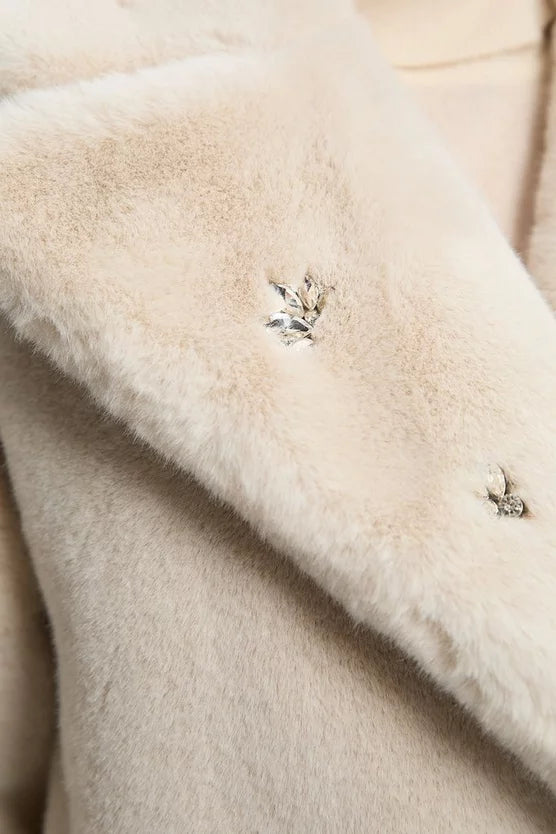 Crystal Embellished Faux Fur Long Coat