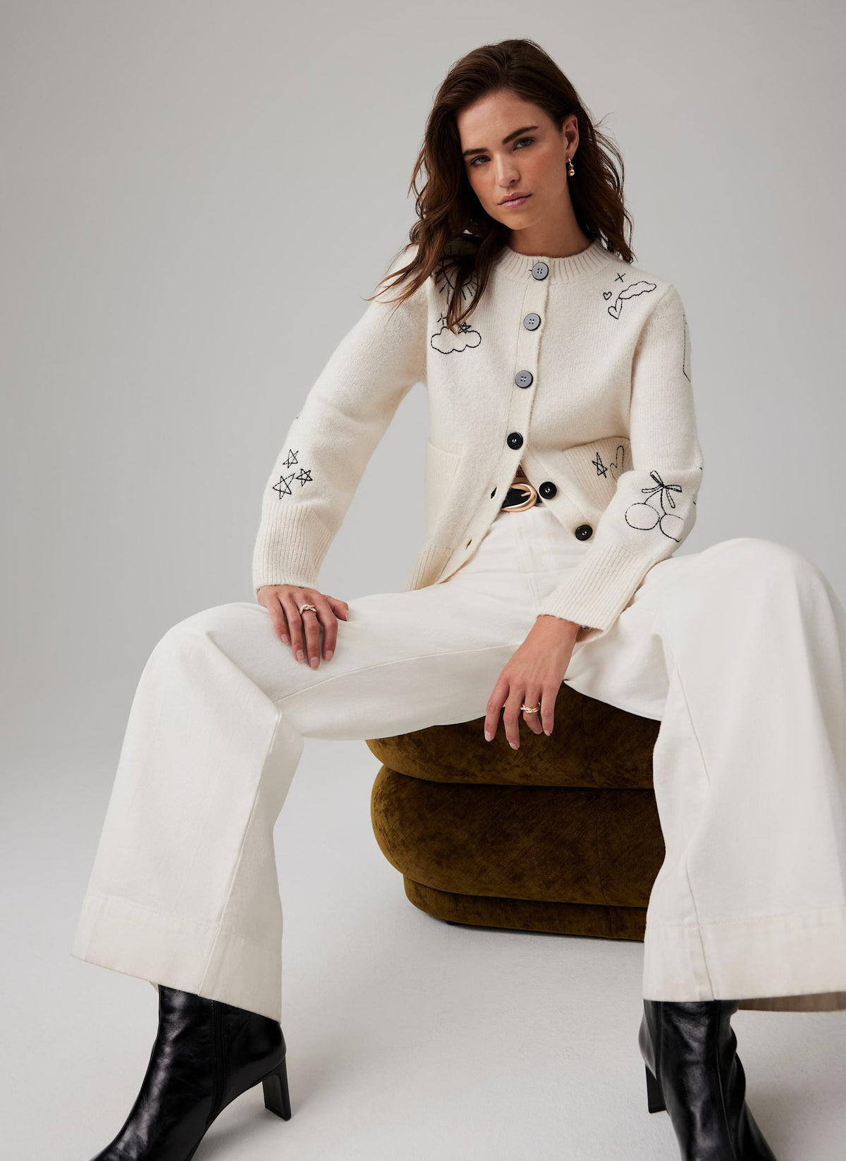 White Embroidered Knit Cardigan