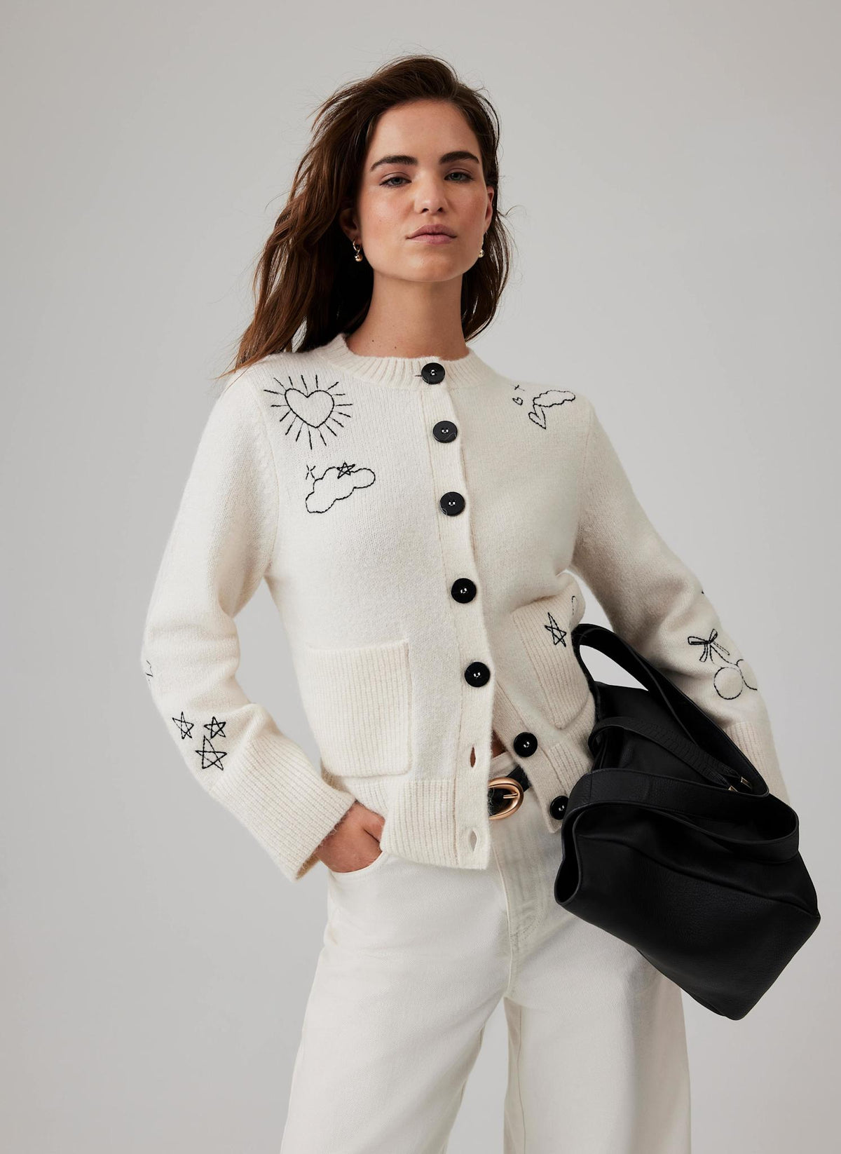 White Embroidered Knit Cardigan