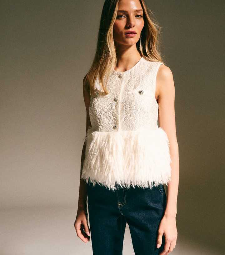 Cream Faux Fur Hem Sleeveless Waistcoat Top
