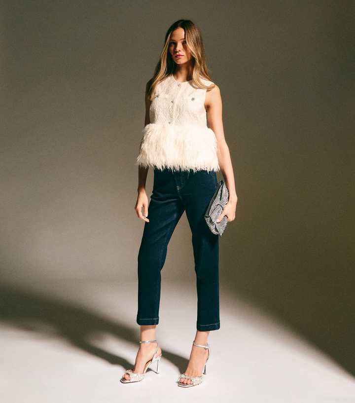 Cream Faux Fur Hem Sleeveless Waistcoat Top
