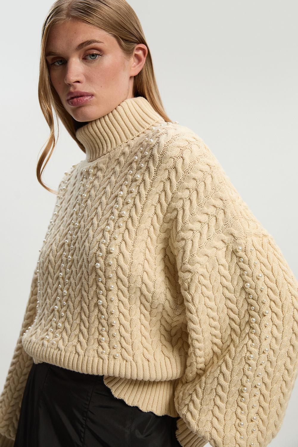 Pearl Embellished Cable Knit Jumper