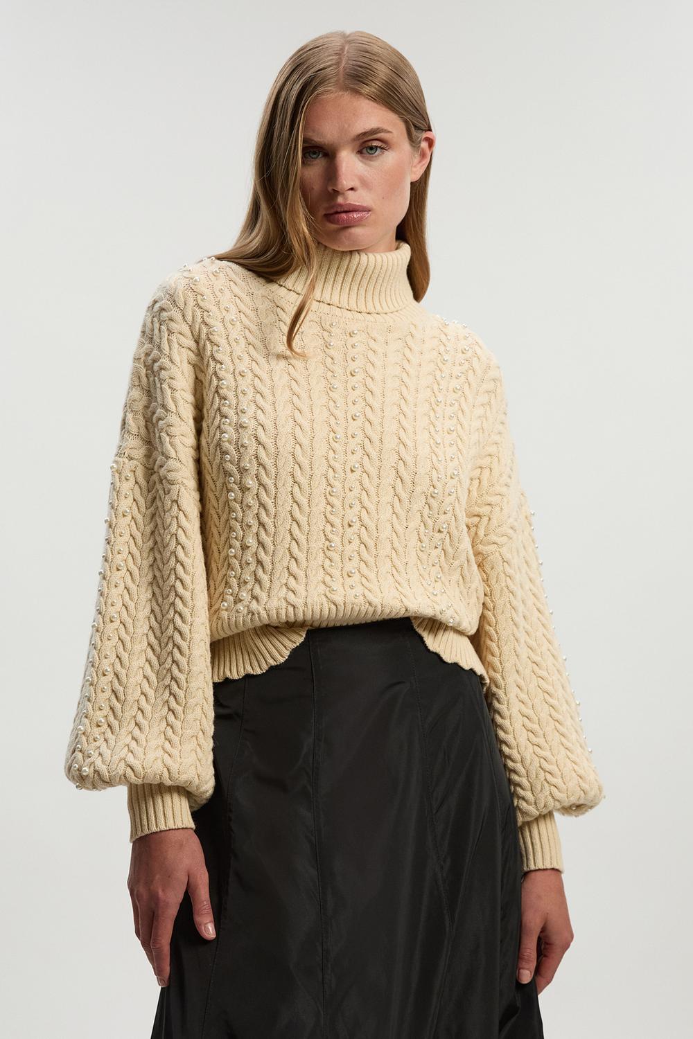 Pearl Embellished Cable Knit Jumper