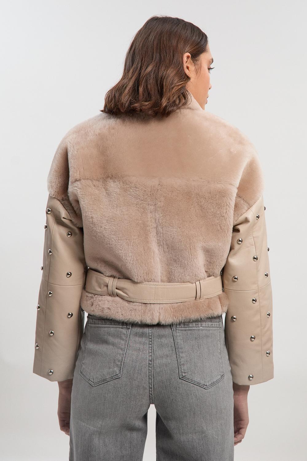 Shearling & Leather Mix Studded Biker Jacket