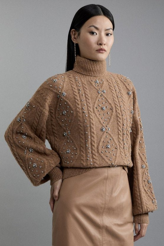 Wool Blend Embellished Cable Knit Jumper