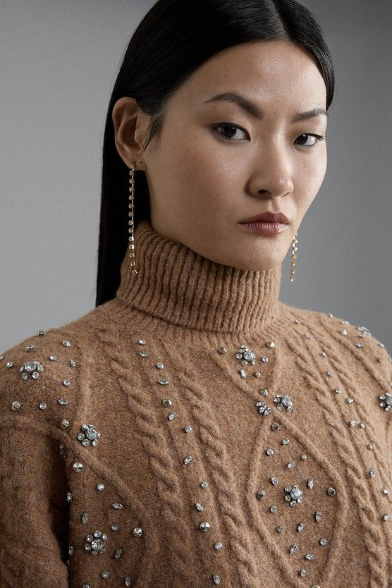 Wool Blend Embellished Cable Knit Jumper