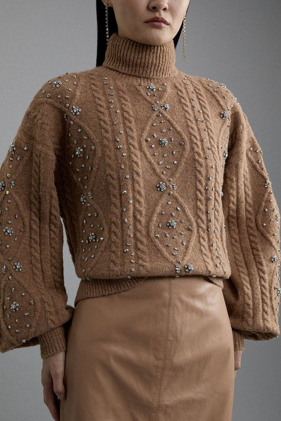 Wool Blend Embellished Cable Knit Jumper