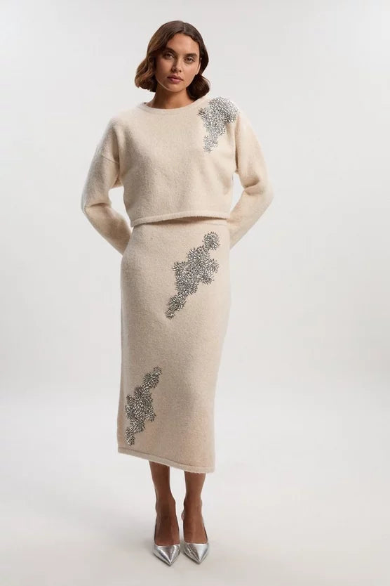 Wool Blend Embellished Cosy Crew Neck Knit Jumper