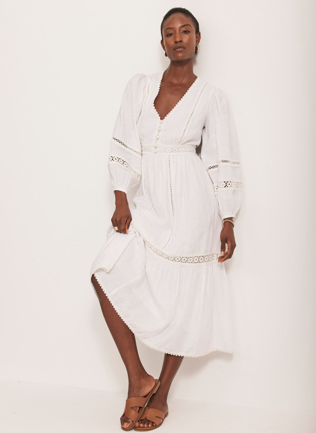 White Crochet Linen Blend Midi Dress