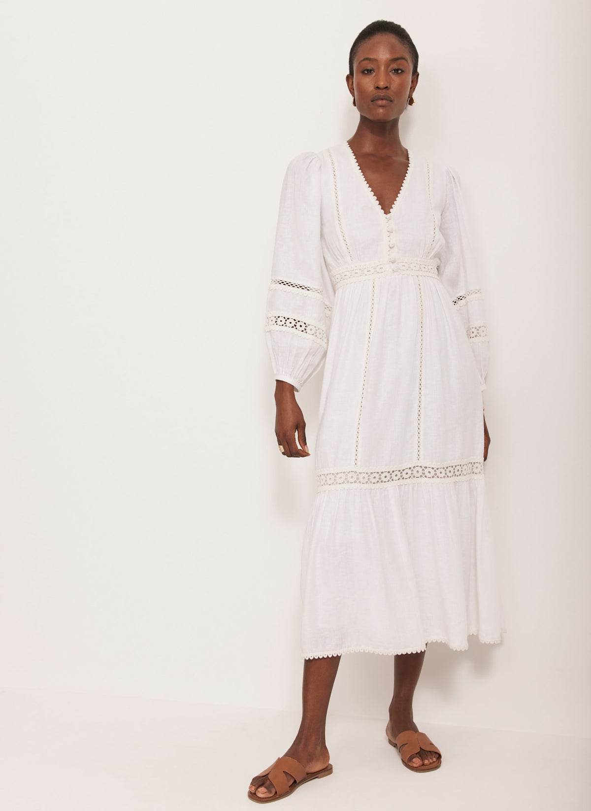White Crochet Linen Blend Midi Dress
